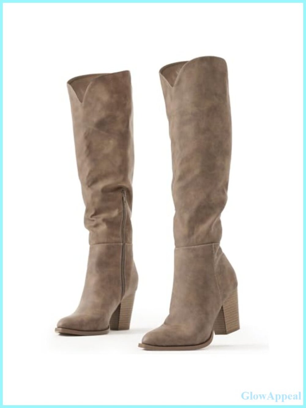 Faux Leather Knee High Western Boots Pointed Toe Chunky Heel